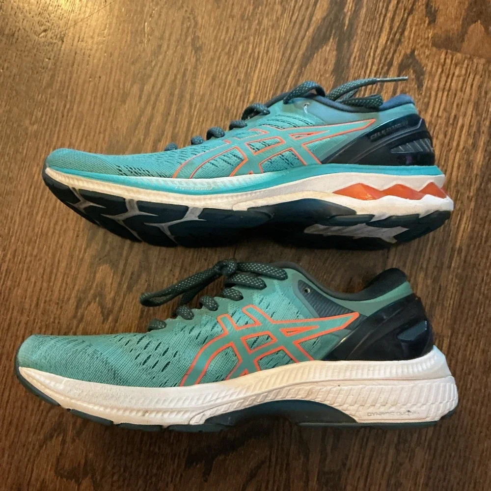 WOMENS ASICS GEL KAYANO 27 RUNNING SHOES SIZE 8.5 TEAL BLUE ORANGE